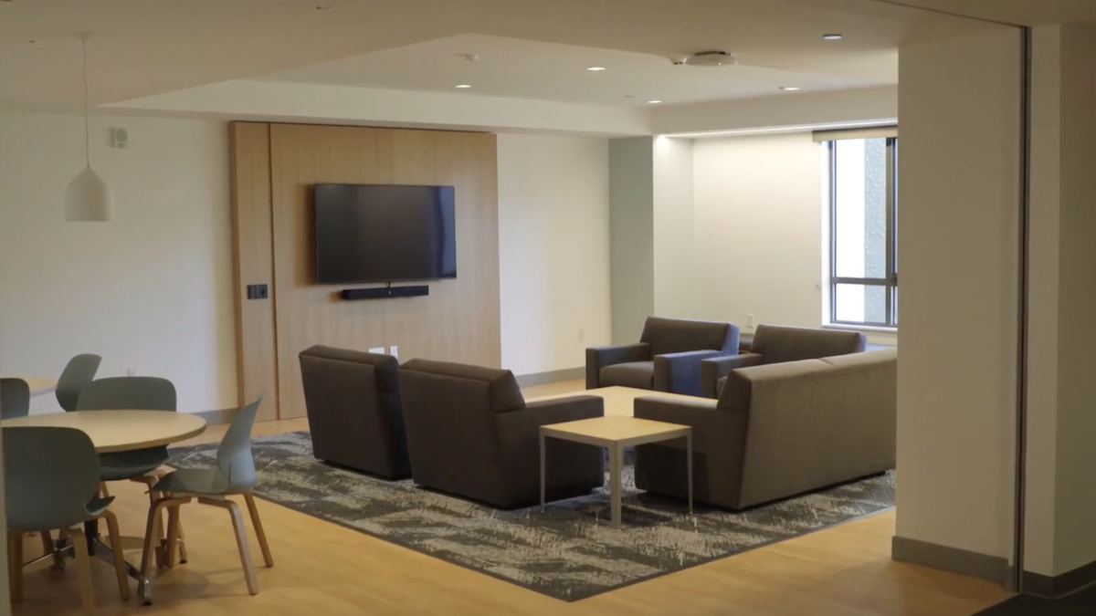 Interior of lounge in residence hall.