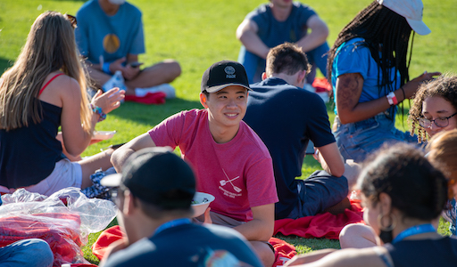 Students sitting on lawn talking to each other.