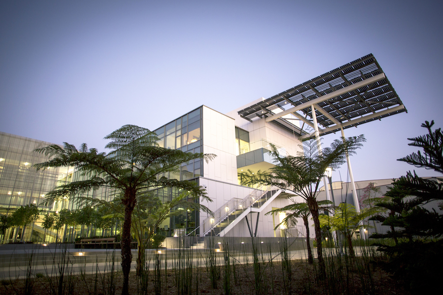 Life Science Building with view of the solar panels on the roof.