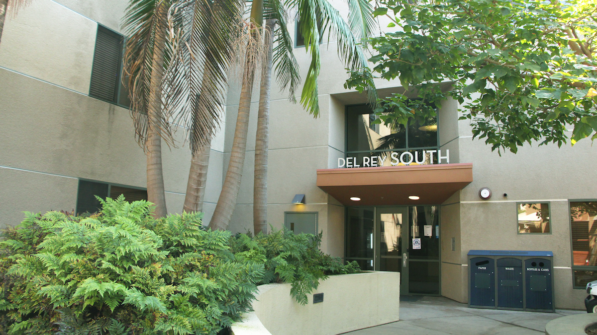 View of Del Rey South residence hall from the exterior.